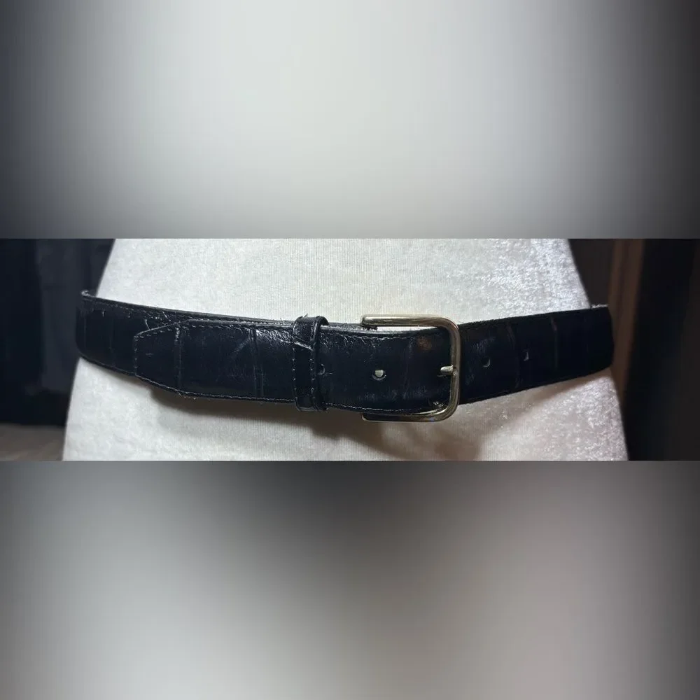 Women's 34 Black Genuine Leather Croc Embossed Gold Tone Buckle Belt Size 38” EP